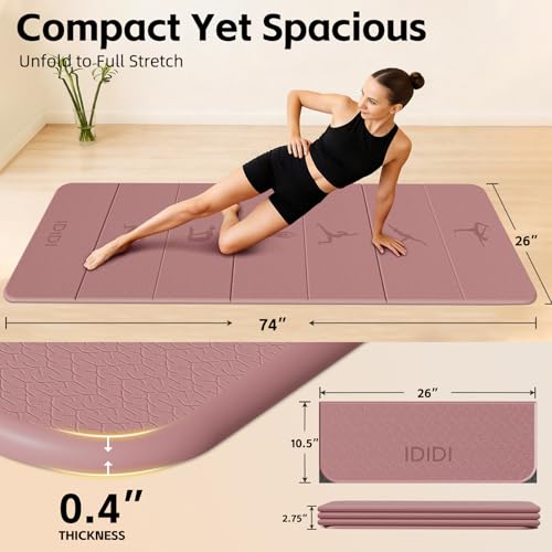 Extra Thick 10mm Foldable Yoga Mat, SGS Certified POE Non-Slip Mat, Multi-Purpose Exercise & Fitness Mats for Studio or Home - color: Deep Pink-74"L x 26"W x 0.4"Th