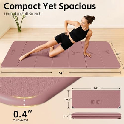 Extra Thick 10mm Foldable Yoga Mat, SGS Certified POE Non-Slip Mat, Multi-Purpose Exercise & Fitness Mats for Studio or Home - color: Deep Pink-74"L x 26"W x 0.4"Th