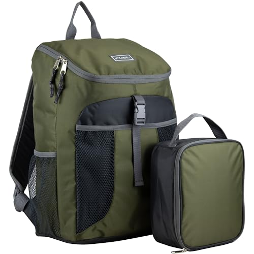 FUEL Top Loader Lunch Backpack Set Water Resistant Backpack Bookbag Bag Soft Reusable Insulated Cooler Box Thermal Travel Office Bag, Army Green - color: Army Green