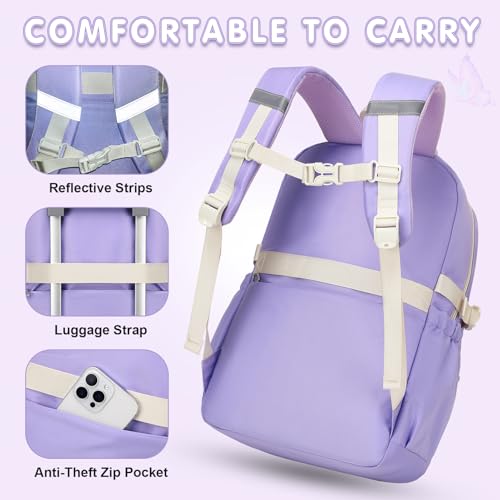 GeeWin Girls Backpack for School with Lunch Box & Pencil Case Set, 17 Inch Waterproof Cute Bow Girls Bookbag for Kids, Teens, Elementary Middle High College School Student (Purple/Beige) - color: Purple Beige
