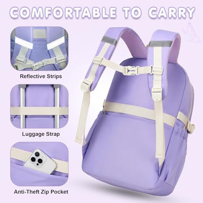 GeeWin Girls Backpack for School with Lunch Box & Pencil Case Set, 17 Inch Waterproof Cute Bow Girls Bookbag for Kids, Teens, Elementary Middle High College School Student (Purple/Beige) - color: Purple Beige