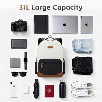 RealCool 15.6-17.3" Laptop Backpack, 31L Water Resistant Travel Bag | Independent frame opening, lightweight ,multi-compartments, ergonomic padded straps, luggage belt, for School,Business Trip - color: Beige-black