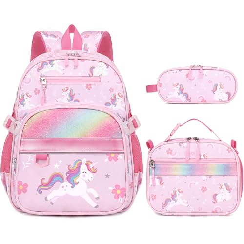Toddler Backpack for Girls Ages 5-8, 3PCS Girls Backpack with Lunch Bag & Pencil Case - 15inch Kids School Bookbag for Preschool Kindergarten Elementary School (Unicorn) - color: Unicorn