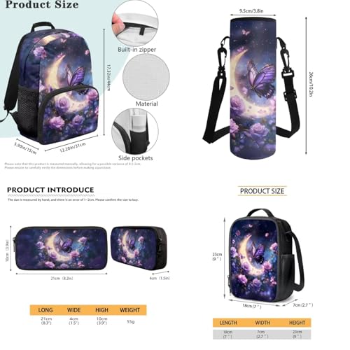 JEOCODY Kids Bookbag Butterfly Backpack for Girls Backpack and Lunch Box Set, Boys School Bag Water Bottle Holder and Pencil Pouch Girls Daypack Back to School Accessories - color: Butterfly With Purple Rose Printedd