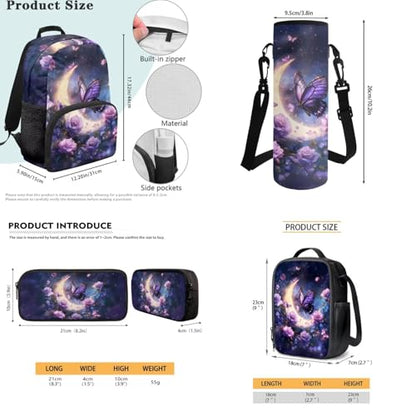 JEOCODY Kids Bookbag Butterfly Backpack for Girls Backpack and Lunch Box Set, Boys School Bag Water Bottle Holder and Pencil Pouch Girls Daypack Back to School Accessories - color: Butterfly With Purple Rose Printedd