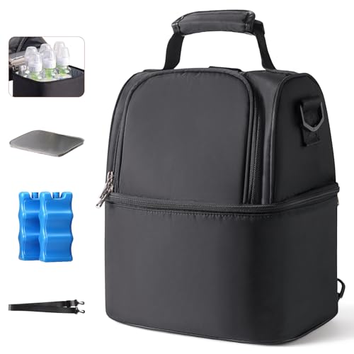 NCVI Breastmilk Cooler Bag with 2 Ice Pack, Breast Pump Bag with Cooler Fits 6 Bottles, Double Layer Breast Milk Travel Bag Baby Bottle, for Travel, Nursing Mom Daycare, Work, Picnic (Black) - color: Black