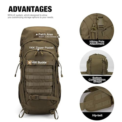 Mardingtop 50L Hiking Backpack,Backpacking Backpack with Rain Cover for Hiking,Backpacking,Rucking,Camping,Survival - color: Khaki