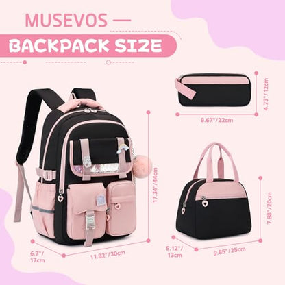 MUSEVOS Girls Backpack, Kids Backpack for Girls, School Bookbag for Teens Age 6-15, Large Capacity Water Resistant Backpack for Elementary to High School, Cute Travel Daypack, Black Pink 3pcs - color: Black Pink-3pcs