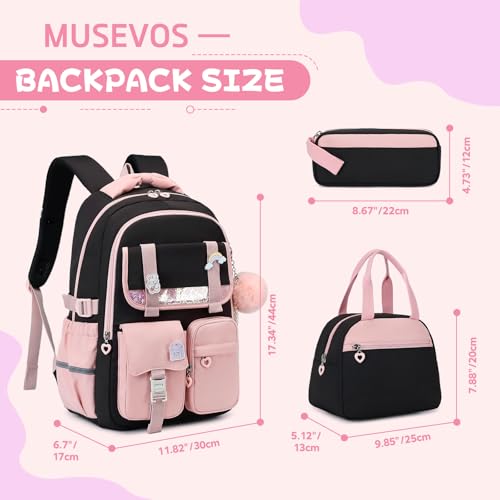 MUSEVOS Girls Backpack, Kids Backpack for Girls, School Bookbag for Teens Age 6-15, Large Capacity Water Resistant Backpack for Elementary to High School, Cute Travel Daypack, Black Pink 3pcs - color: Black Pink-3pcs
