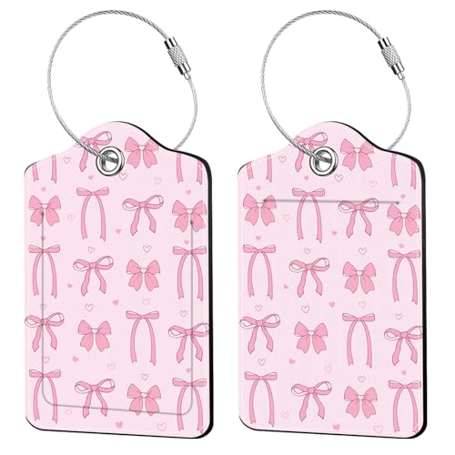 2 Pcs Bow Luggage Tags for Suitcase, Leather Luggage Tags Pink, Privacy Cover ID Label with Stainless Steel Loop & Address Card, Pink Bow Travel Bag Tag Luggage Accessories for Suitcases - color: Bows-pink