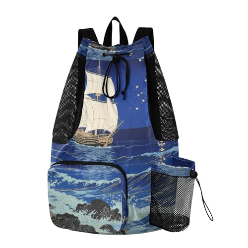 Drawstring Gym Bag With Inside Pockets Women Mens Drawstring Backpack with Wet Dry Compartments Japanese Ocean Boat
