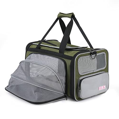 Pawaii Cat Carrier Airline Approved Expandable Breathable Safety Leash | Up to 13 lbs, 16.9 x 10.6 x 10.6 in, QR pet ID tag, top entry, luggage sleeve, soft fleece pad, foldable storage - color: Grey and Olive Green