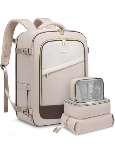 LOVEVOOK Travel Backpack for Women, 40L Carry On Backpack for Airplanes, Personal Item Bag for Airlines Fits 17 inch Laptop, TSA Approved Luggage with 3 Packing Cubes,Waterproof Weekender Gym Backpack - color: Beige-nude, size: 40L