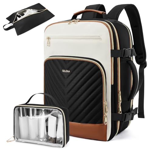 Telena Travel Backpack for Women, 15.6 inch Laptop Backpack TSA Carry on Backpack Personal Item Size Flight Approved Travel Bag Daypack with Multi-Pockets for Work, Travel, Business, Black-Beige-Brown - color: Black-beige-brown, size: 15.6 inches