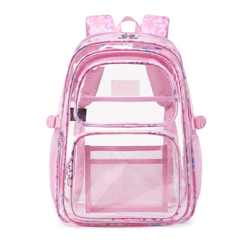 OKKID Pink Clear Backpack for School Girls Clear Bookbag Heavy Duty Transparent Backpack See Through Kids School Bags - color: Pink