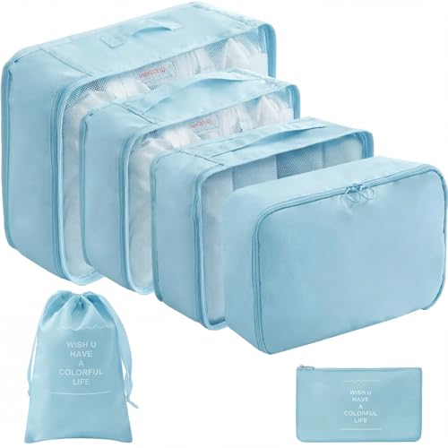 LANSKLBD 6/8 Set Packing Cubes for Suitcases Travel Luggage Packing Organizers,Travel Accessories Essentials Luggage Organizer with Shoe/Tioletry/Laundry Bag (Light Blue, 6 set) - color: Light Blue, size: 6 set