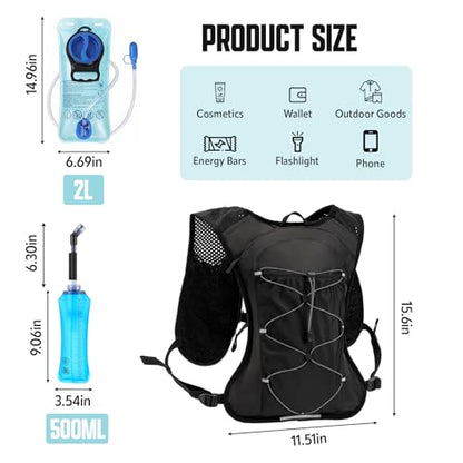 HIPONY Hydration Backpack with 2L Leak-Proof Water Bladder, Lightweight Running Hydration Pack, Adjustable Vest Style Water Backpack for Trail Running, Cycling and Biking - size: 2L Bladder & Two 500ML Soft Bottles