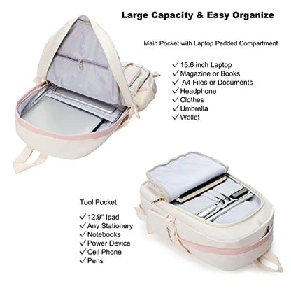 Backpack for Girls with Accessories Laptop Bookbags 16 Inch Kawaii Kids Elementary Middle High School Bag College Travel Daypack Gifts for Teens Women Students (Off-white) - color: Off-white