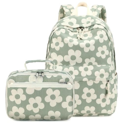 Bluboon Backpack for Girls Kids Preschool Backpack with Lunch Box Kindergarten Bookbag Toddler School Bags Set - color: Grayish Green-large Floral