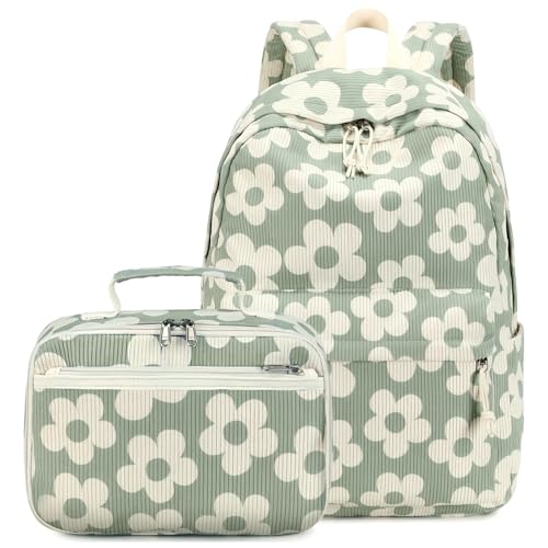 Bluboon Backpack for Girls Kids Preschool Backpack with Lunch Box Kindergarten Bookbag Toddler School Bags Set - color: Grayish Green-large Floral