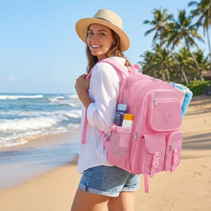Pink Mesh Backpack for Girls Boys, Mesh Bookbags Heavy Duty Semi-Transparent School Bag for College, Travel, Beach, Swimming, Sports - color: Pink