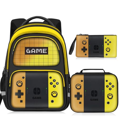 Kids Backpack For Boys，Gamer Boys Backpack For Children Teens Elementary Middle School, 17″ Students Bookbag - color: Backpack Set-sw-orange & Yellow