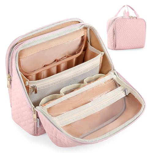 Standing Makeup Bag, Large Capacity with Room for Brushes and Mirror, Travel Makeup Organizer, Portable Stand Up Make Up Case, Waterproof Cosmetic Toiletry Bags with Handle, Color Light Pink - color: Light Pink