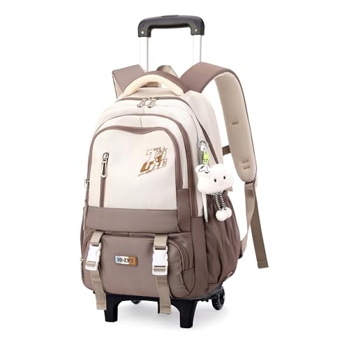 Girls Boys Rolling Backpack, Elementary Middle School Kids Bookbag Roller Backpack for Boys Girls with 2 Wheels, Brown - color: 2 Wheels-01-brown, style: 2 Wheels
