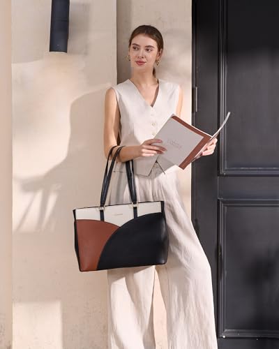 LOVEVOOK Laptop Bag for Women Laptop Tote Bag,15.6 Inch Black-White-Brown - color: Black-white-brown, size: 15.6 Inch