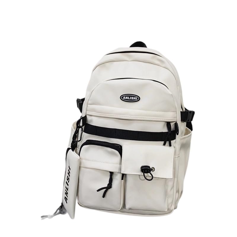 Urban Cargo Backpack, Multi-Pocket Nylon Daypack with Detachable Pouch & Plush Charm for Commute, Travel & Daily Use (white) - color: White
