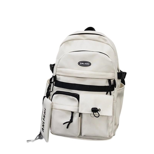 Urban Cargo Backpack, Multi-Pocket Nylon Daypack with Detachable Pouch & Plush Charm for Commute, Travel & Daily Use (white) - color: White