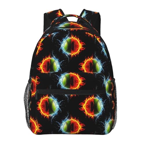 Casual Travel Backpack Ice Water Fire Flame Softball Baseballs for Men Women, Lightweight Water Resistant Commuter Daypack with Laptop Compartment and Side Mesh Pockets - color: Pattern (257)