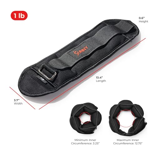Sunny Health & Fitness Ankle Weights for Women, Men & Kids – Adjustable 1–5 lb Pair | Wrist, Arm & Leg Weights for Walking, Pilates, Yoga & Cardio - size: 1 LB