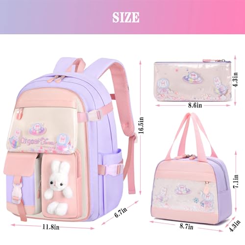 3pcs Girls Backpack With Lunch Box & Pencil Case,Cute Rabbit Kids School Backpack Set For Kindergarten & Elementary School (Style A Purple-16.5in) - color: Style A-purple
