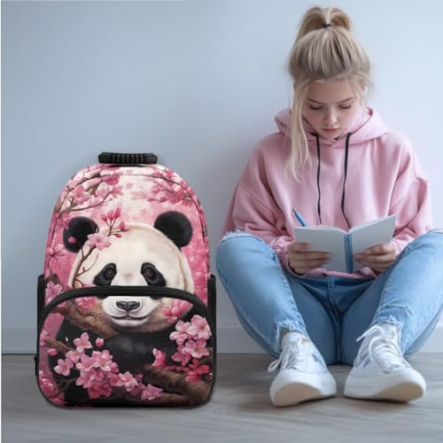 JEOCODY Girls School Bag for Kids Cute Cherry Blossom Panda Backpack and Lunch Box Set with Pencil Case and Water Bottle Holder Set of 4 School Daypack for Travel Hiking Back to School Accessories - color: Cherry Blossom Panda