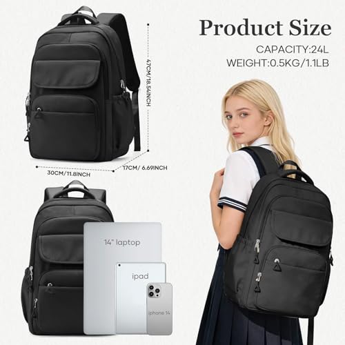 Cute Black School Backpack for Teens Girls Boys Waterproof School Bag Basic Backpack for College Students Multi Pocket Backpack Lightweight Casual Daypack Backpacks for Women Men - color: Black