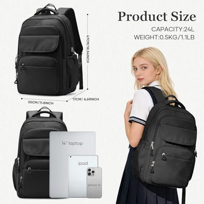 Cute Black School Backpack for Teens Girls Boys Waterproof School Bag Basic Backpack for College Students Multi Pocket Backpack Lightweight Casual Daypack Backpacks for Women Men - color: Black