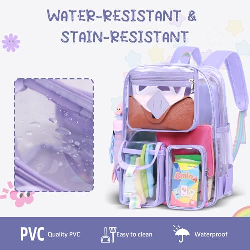 Clear Backpack for Stadium Events, Large Heavy Duty PVC Transparent Backpacks for Girls Women, See Through Backpack for School, Purple