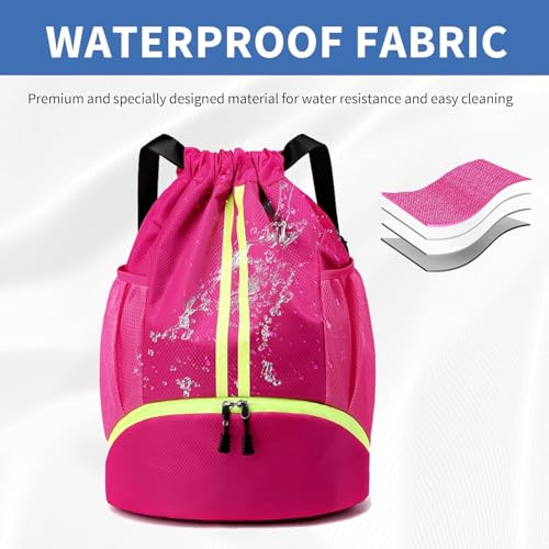 Drawstring Backpack Gym Bag with Shoe Compartment - Ideal for Basketball, Swimming, Beach Activities, Unisex - color: Rose Red