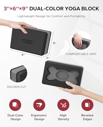 HAPBEAR Yoga Blocks 2 Pack - 9x6x3in High-Density EVA Foam with Non-Slip Textured Surface, Supportive for Deep Stretching & Lightweight - Ideal for Yoga, Pilates, Stretching Exercises - color: Black/Gray