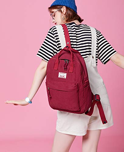 LuckyZ Womens Casual Style Lightweight Canvas Backpack Travel Daypack Small Handbag Purse, Wine Red - color: Wine Red