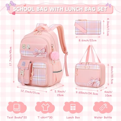 MOONBABY Girls Backpack, Kids Backpack for Girls School Bags with Lunch Bag & Pen Case, Bow Plaid Book Bag for Elementary Middle Primary High School College,Pink-3pcs - color: Pink Set
