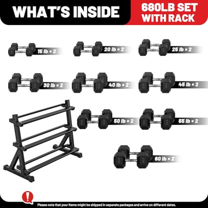 PAPABABE Hex Dumbbell Set with Rack, Rubber Encased Free Weight with Weight Storage Racks, Multiple Weight Options for Home Gym and Fitness - style: 680LB with 3-Tier Weight Rack