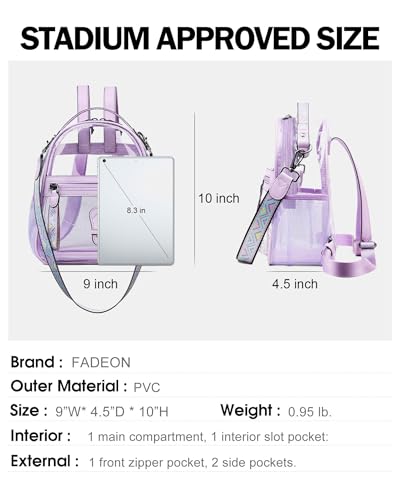 FADEON Clear Small Backpack Purse for Women, Designer Transparent Shoulder Handbag, PVC Mini Clear Bag for Stadium Approved - color: Purple Retro Style