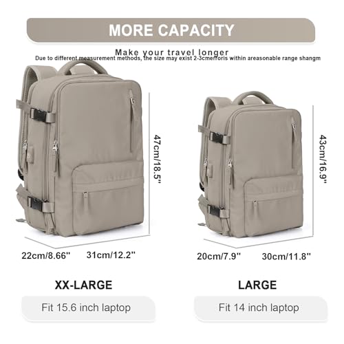 WONHOX Large Travel Backpack Women, Carry On Backpack, Hiking Backpack Waterproof Outdoor Sports Rucksack Casual Daypack with USB Charging Port Shoes Compartment, Grey Brown