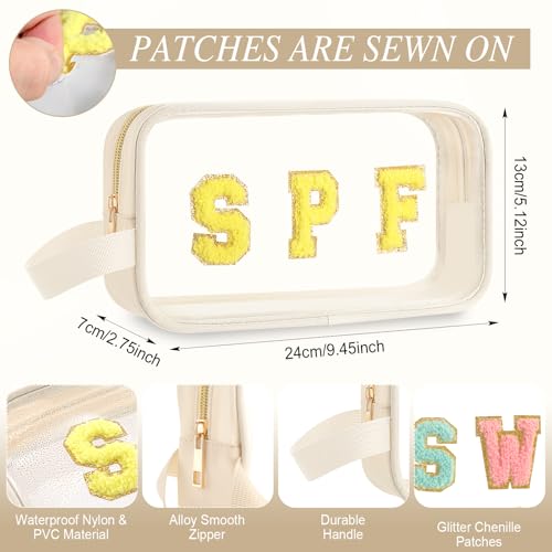 Kacctyen Letter Clear Makeup Bags Spf Pouch Beige Preppy Beach Patch Clear Travel Bag with Zipper Chenille Nylon Cosmetics Waterproof Sandproof Bags Toiletry Storage Snack Sunscreen Pouch for Women - color: White, style: Spf
