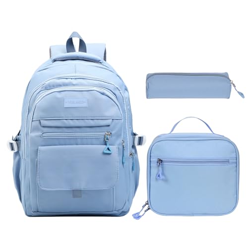 Phaoullzon Teen Girls School Backpack with Lunch Box for Boys, College Aesthetic Laptop Bookbag for Women,Blue - color: Blue