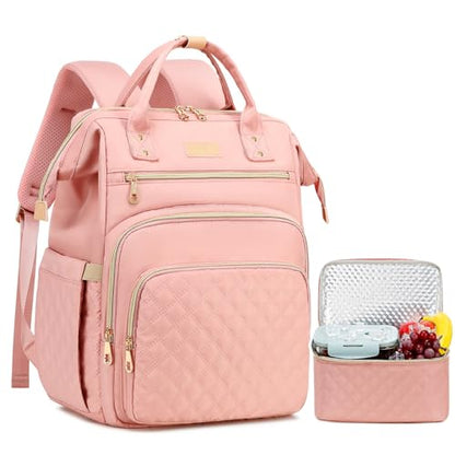 AIJIEKE Lunch Backpack for Women, 15.6 Inch Laptop Backpack with Detachable Insulated Cooler Lunch Box, 2-in-1 Water Resistant Work Computer Bag for Nurse Teacher College Commute, Pink - color: Pink
