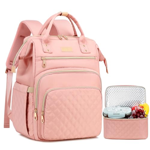 AIJIEKE Lunch Backpack for Women, 15.6 Inch Laptop Backpack with Detachable Insulated Cooler Lunch Box, 2-in-1 Water Resistant Work Computer Bag for Nurse Teacher College Commute, Pink - color: Pink