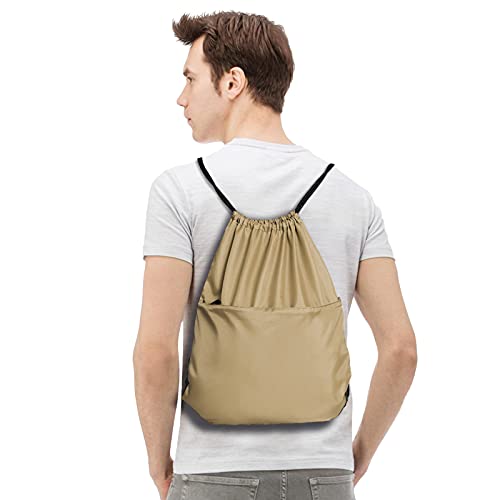 Drawstring Backpack Sports Water Resistant String Bag Sport Gym Sackpack for Women Men Large with Zipper, Khaki - color: Khaki